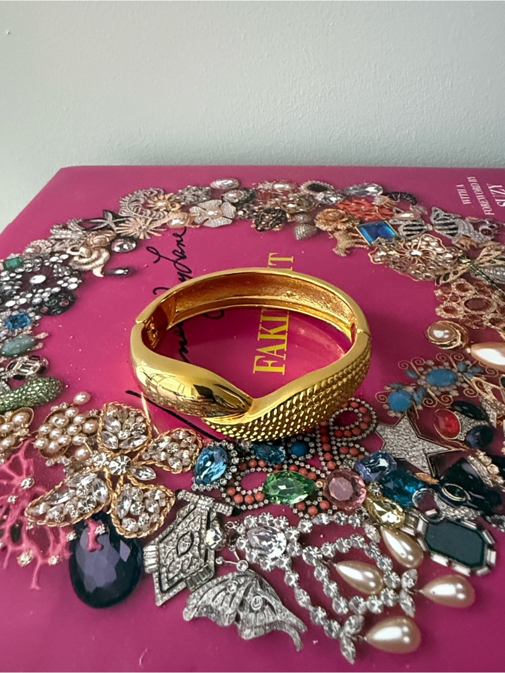 Dual Texture Gold Tone Bypass Statement Hinged Bangle Bracelet.